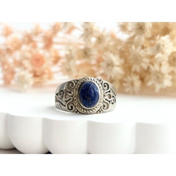 Lapis Lazuli Oval Cut Gemstone Art Nouveau Sterling Silver Vintage Ring sz 8.75 - Picture 10 of 10